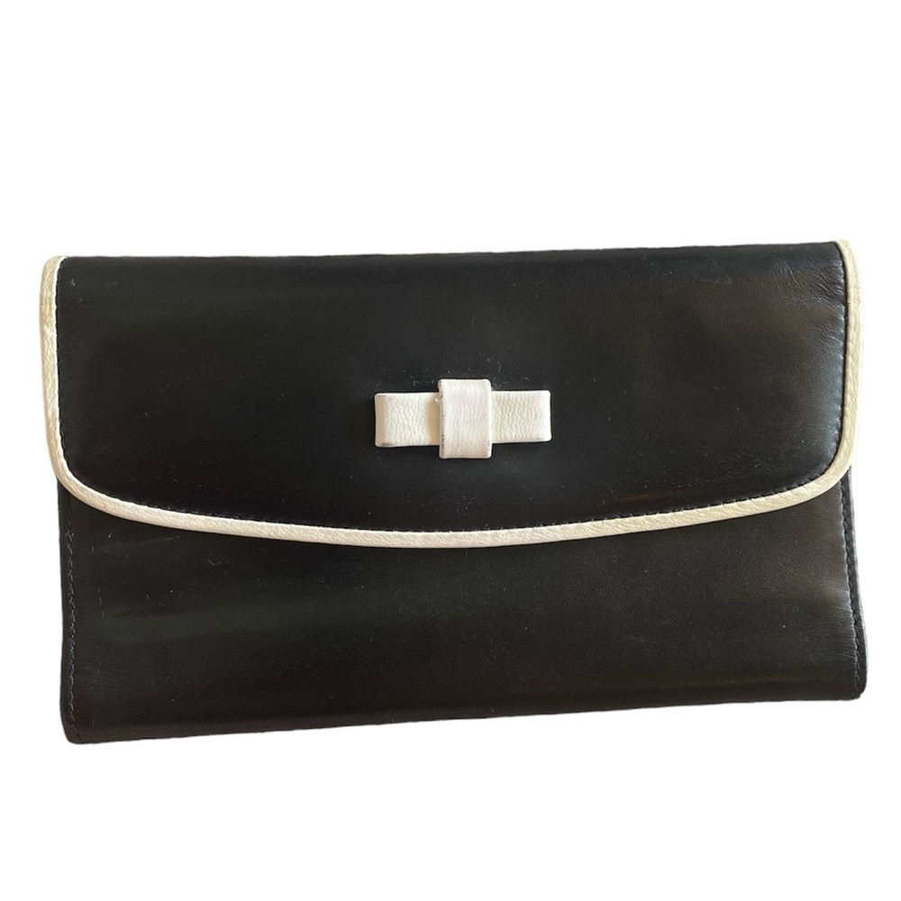 Rolfs Calfskin Leather Vintage Black Trifold Women’s Wallet, White Bow Italy